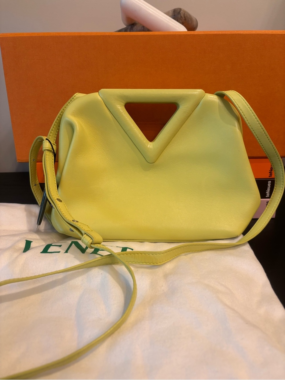 Authentic Bottega Veneta Calfskin Small The Point Triangle Bag Seagrass Bag